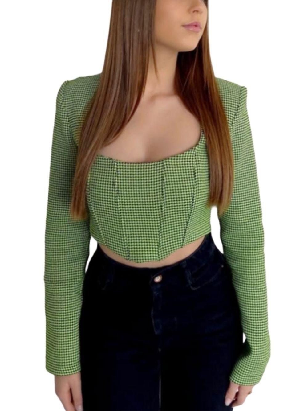 Zara Womens Green Black Houndstooth Long Sleeve Cropped Top Size Medium